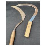 2 Vintage Hand Sickle / Grass Hook Tools w/Wood