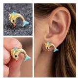 14K Gold Dolphin Stud Earrings Enamel 1.44g
