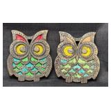 Pair of Cast Iron Stain Glassed Owl Trivets