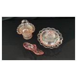 Pink Depression Glass Bowl, Basket and Shoe