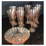 8 Pink Depression Goblets and Bowl