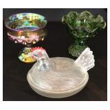 Hen on Nest, Iridescent Glass Bowl & Coin Glass