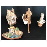 2 Wood Carvings and 2 Ceramic Figurines