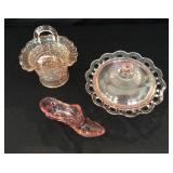 Pink Depression Glass Bowl, Basket and Boot