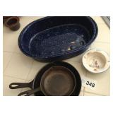 Graniteware Roasting Pan and Cast Iron Skillets