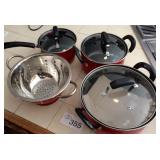 Set of 3 Red Glassed Top Cookware, Colander