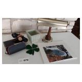 Desk Lamp, Binoculars, Photo, and Vase