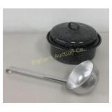 Black Enamelware Camp Pot W/ Lid, Aluminum Ladle