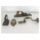 VTG Cast Iron Sad Irons, Drill Brace, Wood Plane