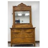 Antique Oak Serpentine Dresser w/ Mirror 4 Drawers