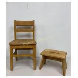 VTG Oak Childs Chair & Foot Stool 2 Pc Lot