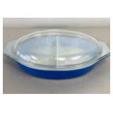 VTG Pyrex Blue Oval Divided Casserole Dish w/ Lid