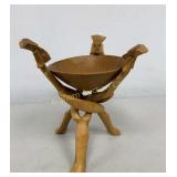 Hand Carved Wooden Bowl on Tribal Tripod Stand