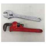 8" Pipe Wrench 10" Adjustable Wrench 2 PC Lot