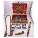 Jewelry Box w/ Contents: Watches, Brooch Pin