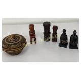 Assorted Figurines, Carved Covered Wooden Bowl