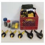 Crate w/ Contents: Clamps, Work Gloves, Ladder