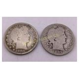 Barber Quarters 1901, 1904,  2 Coin Lot