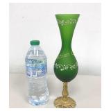 VTG Italian Green Satin Glass Vase w/ Metal Base
