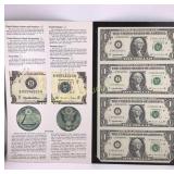 Uncut Sheet 1995 One Dollar Notes in Holder