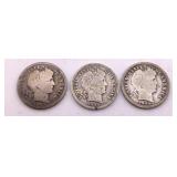 Barber Dimes 1907, 08, 09, 3 Coin Lot