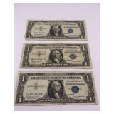 1957-B One Dollar Silver Certificates 3 Pc Lot