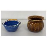 Stoneware Bowl w/ Handle, Brown Drip Glaze Planter