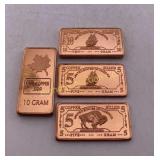 Five & Ten Gram .999  Copper Bars 2-Each, 4 Pc Lot