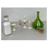 VTG Items: Milk Bottle, Small Vases, Green Bottle