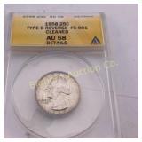 1958 US Quarter ANACS Type B Reverse AU 58