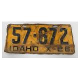 1926 Idaho License Plate 57-672, (X-26)