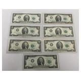 1976 Two Dollar Bills 7 PC Lot