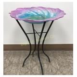 18 Swirled Art Glass Bird Bath w/ Metal Stand