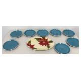 8-Teal Stoneware 8" Plates, Christmas Poinsettias