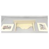 18" Wooden Wall Shelf, 2 Watercolor Lithograph