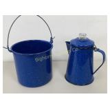 Blue Enamelware Pot & Coffee Pot 2 PC Lot