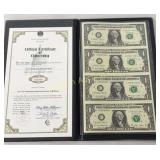2009 Uncut One Dollar Notes in Folder (4 Notes)