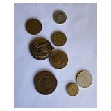 Misc lot of foreign coins, lapel pins, jewelry