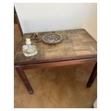 Wooden lamp table with misc