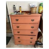 Wooden chest of drawers w/misc garage contents