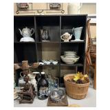 3ft Wooden cubby hole shelf w/misc collectibles