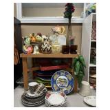 Small wooden table w/misc collectibles