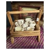 Wooden stand w/misc dishes