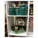 Misc Cannister, green glass lot