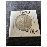 1945 S US Walking  Liberty silver half dollar