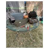 Metal outdoor table w/misc items