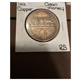 1 OZ of .999 Pure Copper Clean Money