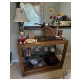 Oak, glass-top table w/misc home decor