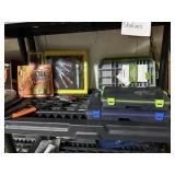 MIsc contents of garage shelf, mostly new