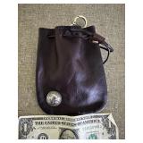 Leather draw string coin?bag